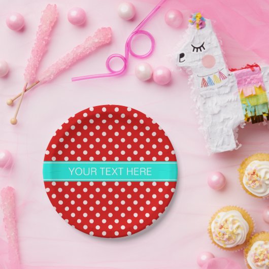 Red White Polka Dots Bright Aqua Ribbon Monogram Papieren Bordje (Feest)