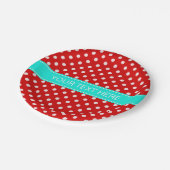 Red White Polka Dots Bright Aqua Ribbon Monogram Papieren Bordje (Gekanteld)