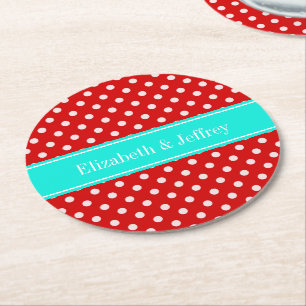 Red White Polka Dots Bright Aqua Ribbon Monogram Ronde Kartonnen Onderzetter