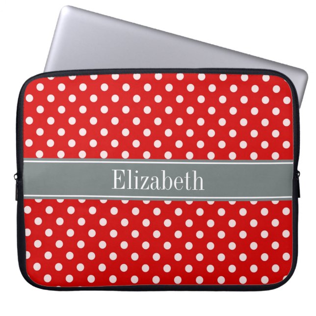 Red White Polka Dots Charcoal Ribbon Monogram Laptop Sleeve (Voorkant)