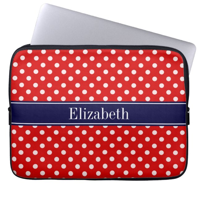 Red White Polka Dots Navy Blue Ribbon Monogram Laptop Sleeve (Voorkant)
