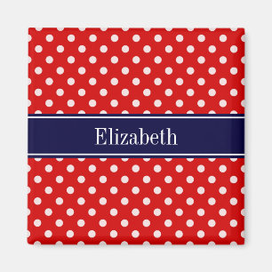 Red White Polka Dots Navy Blue Ribbon Monogram Magneet