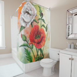 Red White Popp Shower Curtain Beauful Flowers Douchegordijn