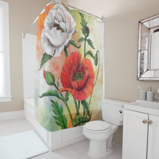 Red White Popp Shower Curtain Beauful Flowers Douchegordijn (In situ)