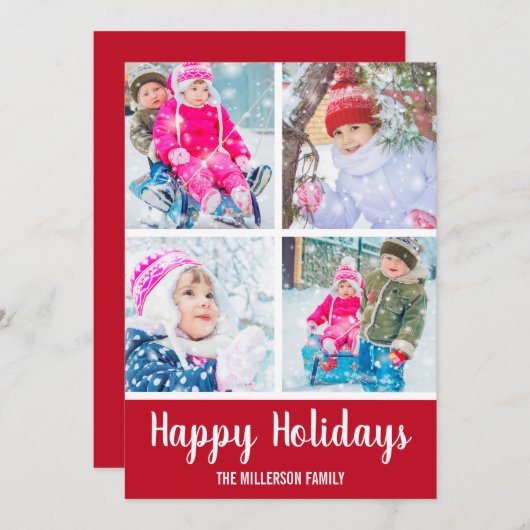 Red White Prettige feestdagen 4 Foto Kaart (Voorkant / Achterkant)