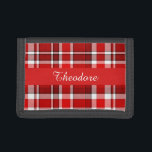 Red White Pset Tartan | Jouw namen toevoegen Drievoud Portemonnee<br><div class="desc">Dit rode en witte vlakvormig ontwerp heeft een repetitief gecontroleerd/tartan patroon dat licht getextureerd is. Het is een helder,  stijlvol vlechtpatroon.</div>