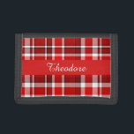 Red White Pset Tartan | Jouw namen toevoegen Drievoud Portemonnee<br><div class="desc">Dit rode en witte vlakvormig ontwerp heeft een repetitief gecontroleerd/tartan patroon dat licht getextureerd is. Het is een helder,  stijlvol vlechtpatroon.</div>