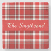 Red White Pset Tartan | Jouw namen toevoegen Stenen Onderzetter (Voorkant)