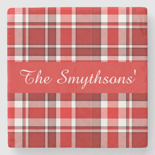Red White Pset Tartan | Jouw namen toevoegen Stenen Onderzetter (Voorkant)