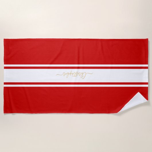 Red White Racing Stripes Gold Monogrammed Pool Strandlaken (Voorkant)