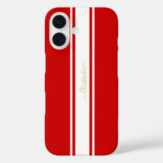 Red White Racing Stripes Gold Monogrammed Stijlvol iPhone 16 Hoesje