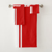 Red White Racing Stripes Monogram Mannen Kinder Jo Bad Handdoek (Insitu)