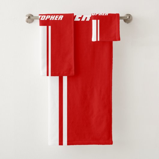 Red White Racing Stripes Monogram Mannen Kinder Jo Bad Handdoek (Insitu)