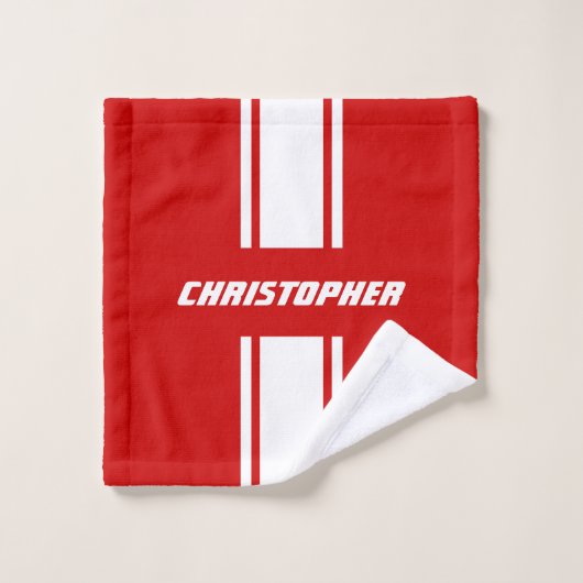 Red White Racing Stripes Monogram Mannen Kinder Jo Bad Handdoek (Wasdoekje)