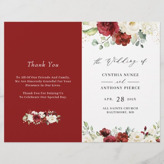 Red White Rose Floral DIY Folded Wedding Programme (Voorkant)