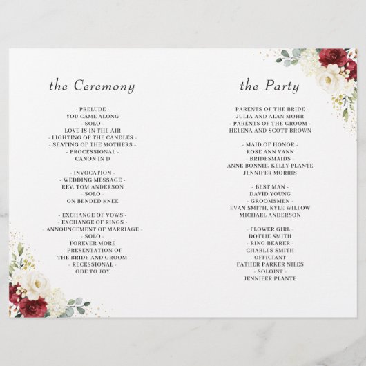 Red White Rose Floral DIY Folded Wedding Programme (Achterkant)