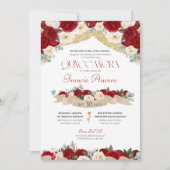 Red White Roses Peonies Elegant Quinceanera Invita Kaart (Voorkant)