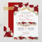 Red White Roses Peonies Elegant Quinceanera Invita Kaart (Voorkant / Achterkant)