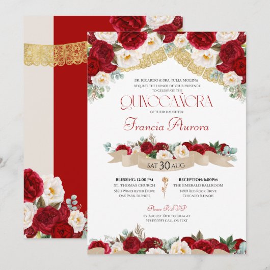 Red White Roses Peonies Elegant Quinceanera Invita Kaart (Voorkant / Achterkant)