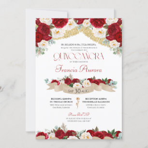 Red White Roses Peonies Elegant Quinceanera Invita Kaart