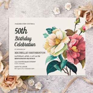 Red White Roses Women's 50th Birthday Uitnodiging Briefkaart