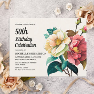 Red White Roses Women's 50th Birthday Uitnodiging Briefkaart