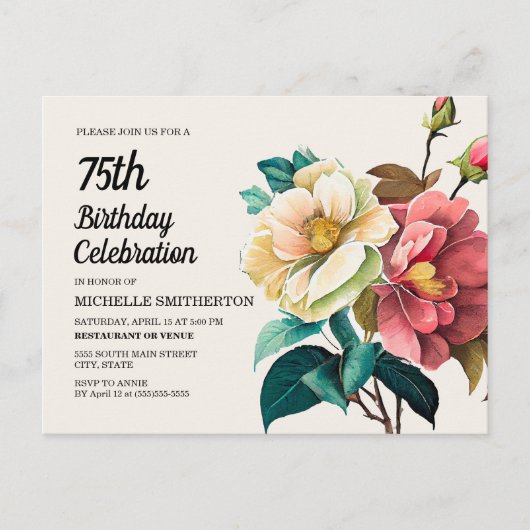 Red White Roses Women's 75th Birthday Uitnodiging Briefkaart (Voorkant)