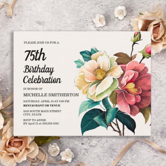 Red White Roses Women's 75th Birthday Uitnodiging Briefkaart