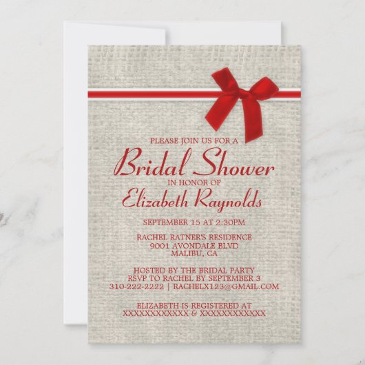 Red White Rustic Burlap Bridal Shower Invitations Kaart (Voorkant)
