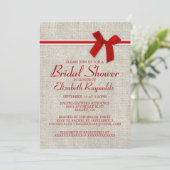 Red White Rustic Burlap Bridal Shower Invitations Kaart (Staand voorkant)