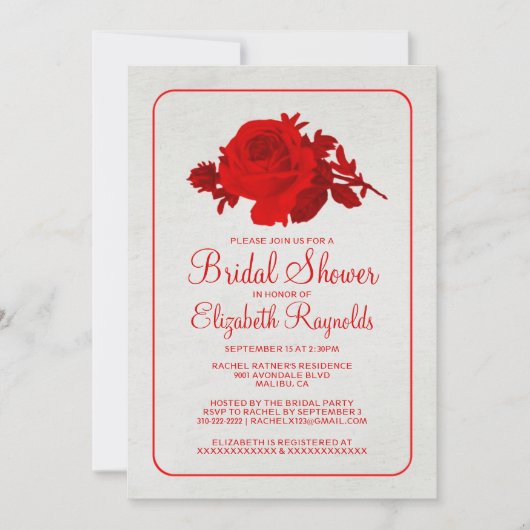 Red White Rustic Floral Bridal Shower Invitations Kaart (Voorkant)