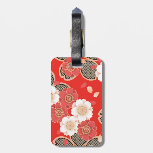 Red & White Sakura Japans Kimono Bagagelabel (Achterkant verticaal)