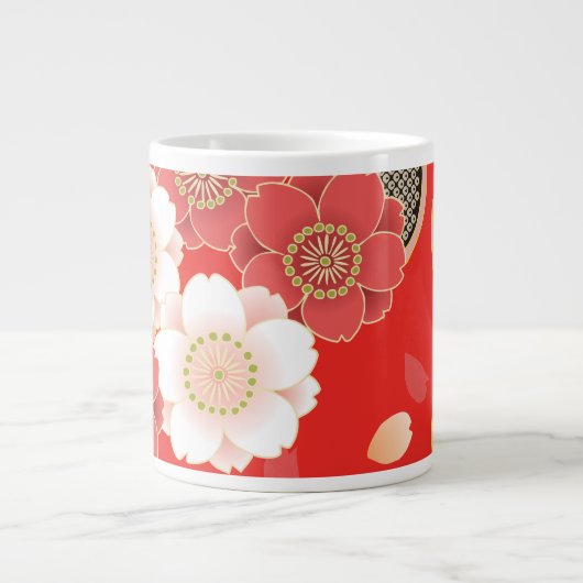 Red & White Sakura Japans Kimono Grote Koffiekop (Voorkant)