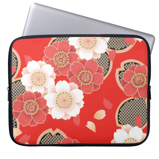 Red & White Sakura Japans Kimono Laptop Sleeve (Voorkant)