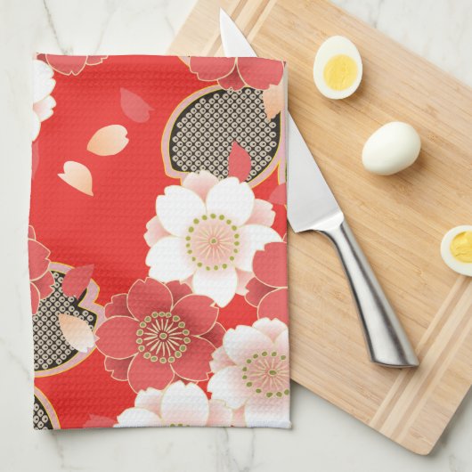 Red & White Sakura Japans Kimono Theedoek (Quarter Fold)