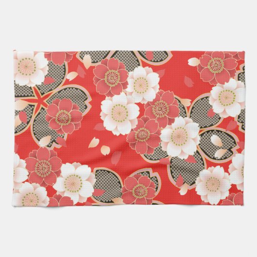 Red & White Sakura Japans Kimono Theedoek (Horizontaal)