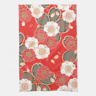 Red & White Sakura Japans Kimono Theedoek