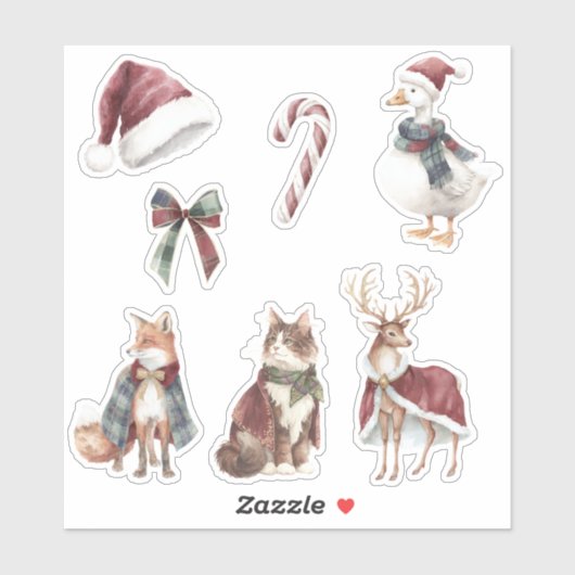 Red White Santa Hat Candy Cane Animals Christmas Sticker (Vel)