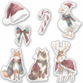 Red White Santa Hat Candy Cane Animals Christmas Sticker (Voorkant)