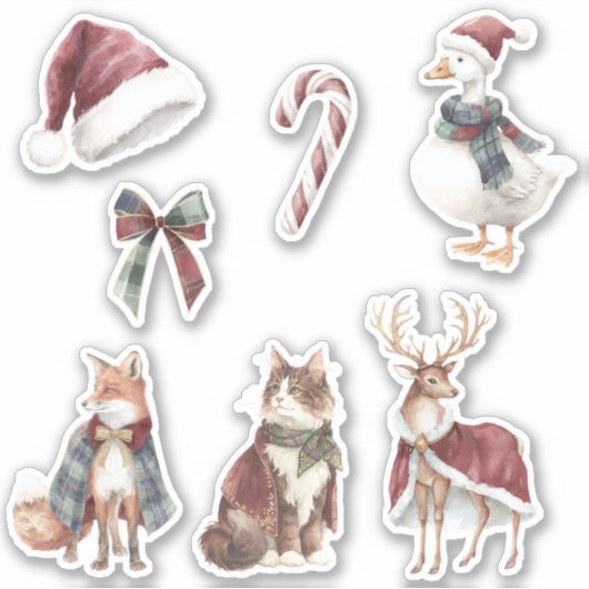 Red White Santa Hat Candy Cane Animals Christmas Sticker (Voorkant)