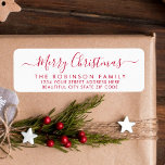 Red White Script Christmas Return-adreslabel Etiket<br><div class="desc">Moderne Elegante Rood en Wit Hand Geletterde Kerstmis Familie Terugkeer Adres Labels. Met een  handgeschreven kalligrafie swash-tail lettertype script met gezegde "Merry Christmas". Geweldig voor de kerstvakantie,  gemakkelijk te personaliseren met uw namen en retour adres info.</div>