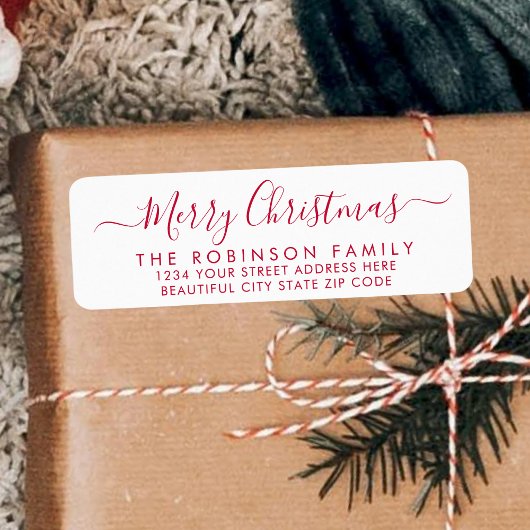 Red White Script Christmas Return-adreslabel Etiket