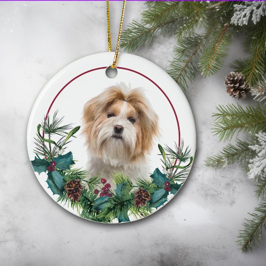 Red White Shih Tzu Dog Evergreen Wreath Keramisch Ornament