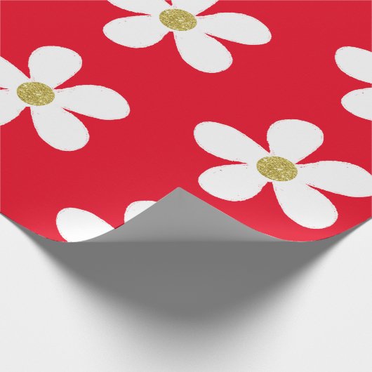 Red White Simple Daisy Gold Cadeaupapier (Hoek)