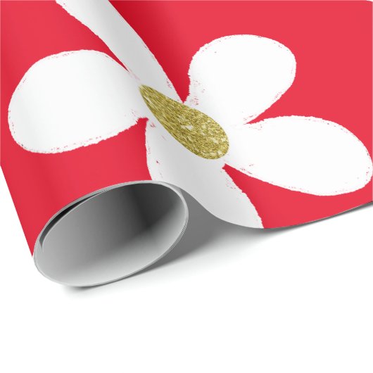 Red White Simple Daisy Gold Cadeaupapier (Rol Hoek)
