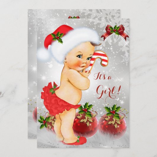 Red White Snow Green Baby shower Girl Kaart (Voorkant / Achterkant)