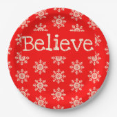 Red White Snowflake Believe Kerstmis Papieren Bordje (Voorkant)