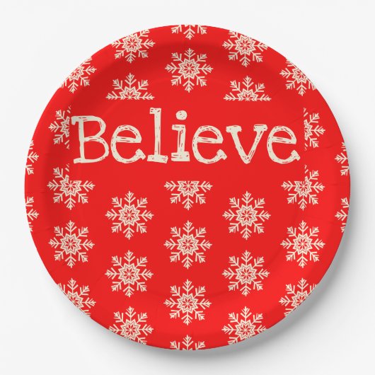 Red White Snowflake Believe Kerstmis Papieren Bordje (Voorkant)