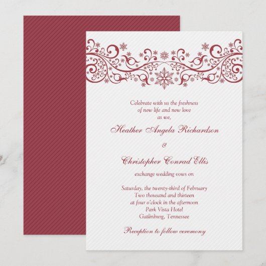 Red White Snowflake Floral Wedding Invitation Kaart (Voorkant / Achterkant)