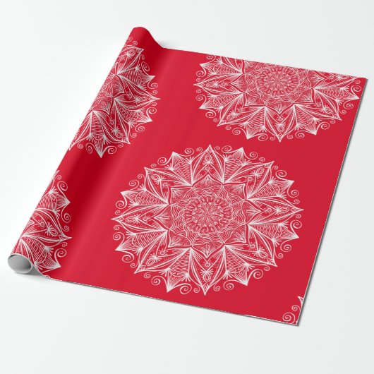 Red White Snowflake Mandala Art Pattern Cadeaupapier (Uitgerold)